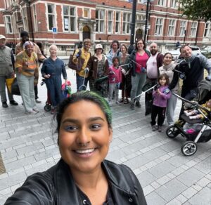 A selfie taken by Croydon councillor Ria Patel, featuring the volunteers at the Queen's Gardens litter pick in August 2024.